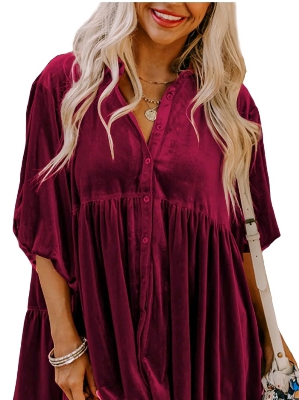 Women's Button-Front Smocked Babydoll Top - Burgundy